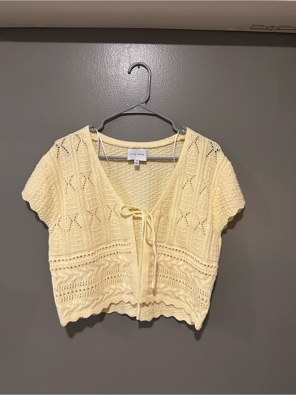 Pink Rose Pale Yellow Crochet Tie-Front Crop Top